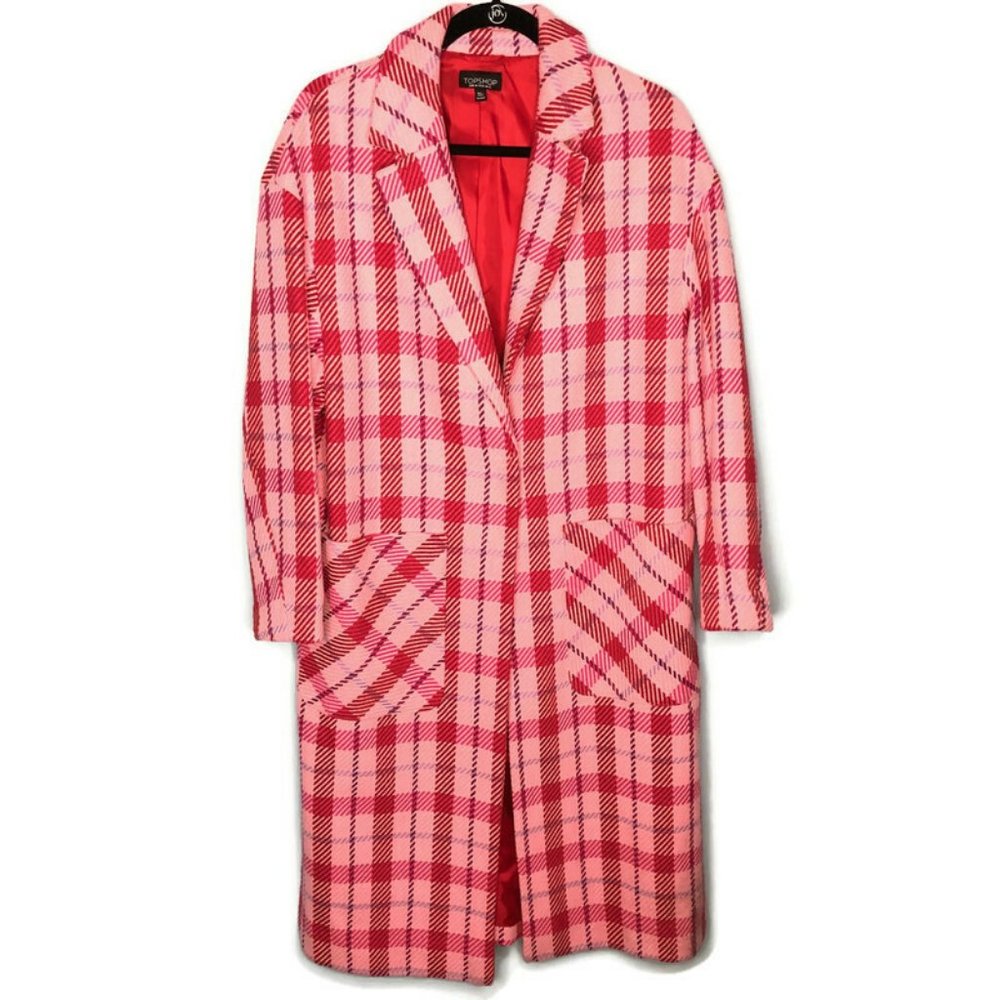 Topshop Suzy Side Check Long Pink Coat - Picture 2 of 8